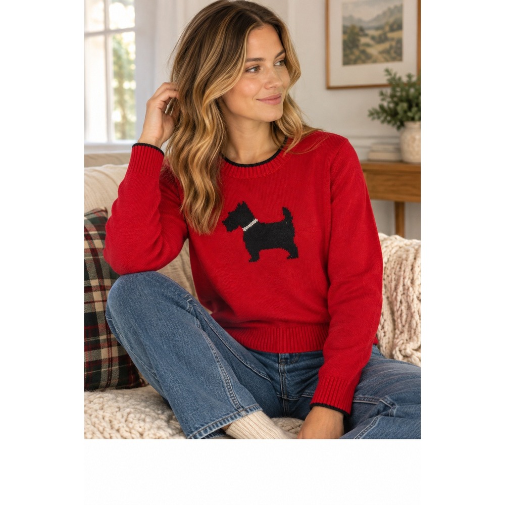 Red Scottie Dog Knit Sweater Black Trim Crew Neck Long Sleeve Women's M Preppy